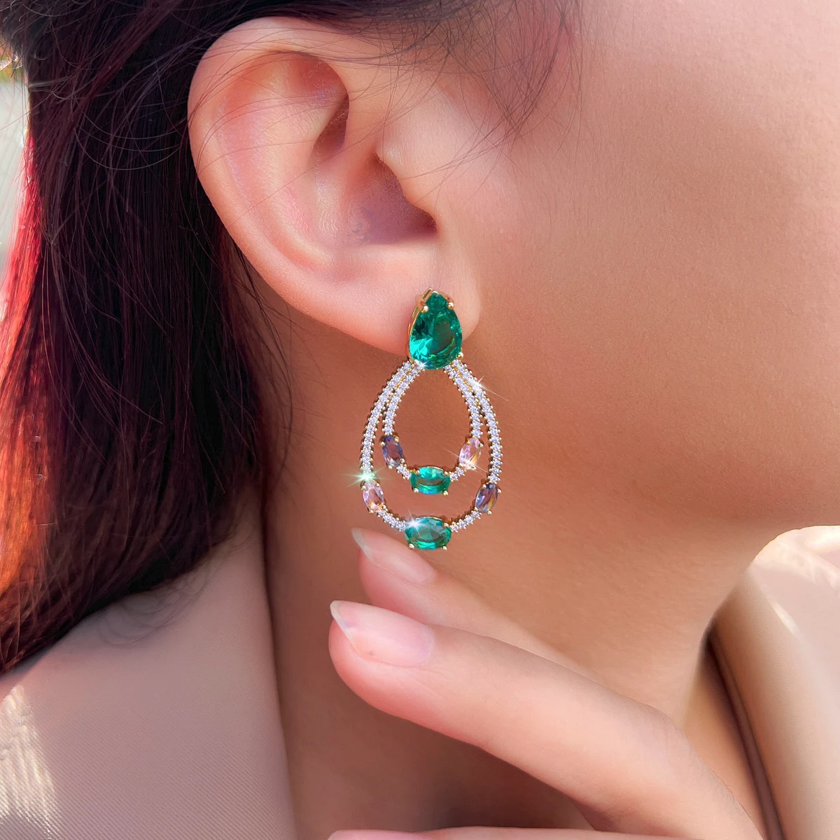 CWWZircons Gorgeous Double Circle Drop Light Blue Cubic Zirconia Crystal Dangle Earrings Trendy Female Party Jewelry Gifts E0318