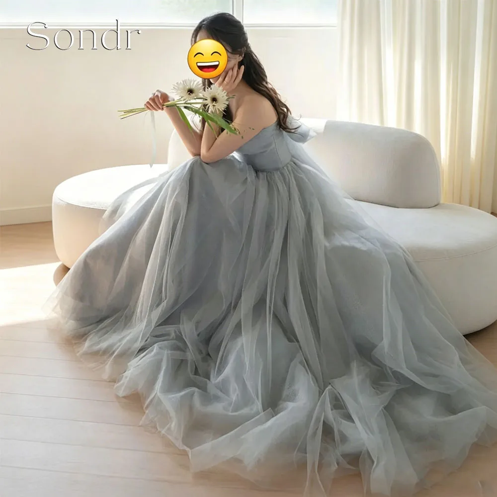 

Sondr Customized Dusty Blue Tulle Wedding Dresses Prom Evening Dresses Korean Bridal Strapless Floor Length Formal Party