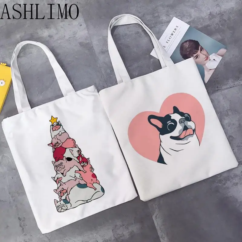 Kawaii bulldog francês saco de compras das mulheres shopper lona saco de compras ecobag estudantes professor livro viagem sacos de armazenamento shopper