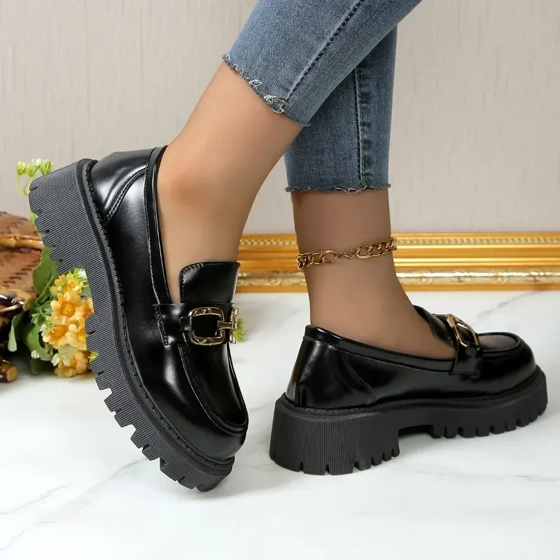 2024 Female Shoes Women Fashion Mary Janes Round Toe Flats Loafers Oxfords Platform Casual Metal Chain Buckle Ladies Heels Black