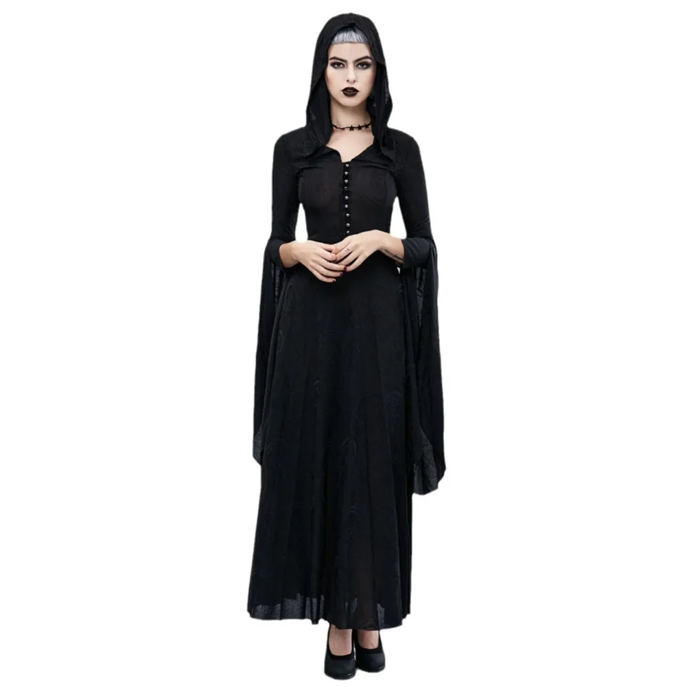 Halloween New Knit Hooded Women Slimming Court Gothic Black Party Performance Costume Props