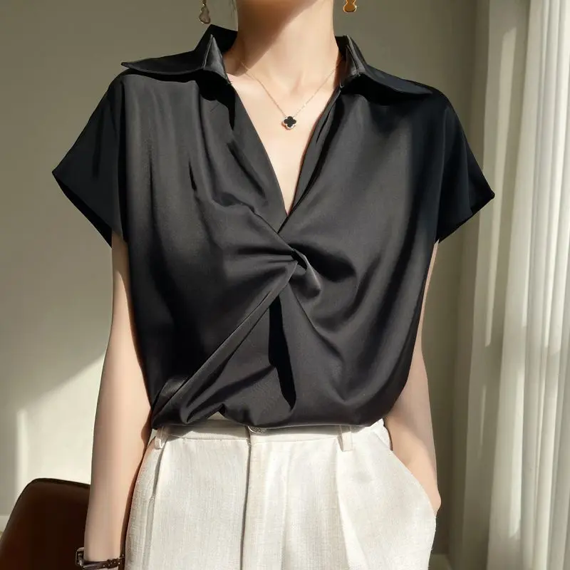 Quality Women's Ice Silk Satin Shirt Loose White T-shirt Turn Down Neck Loose Blouse Basic Short Sleeve Tops Summer Female Tee