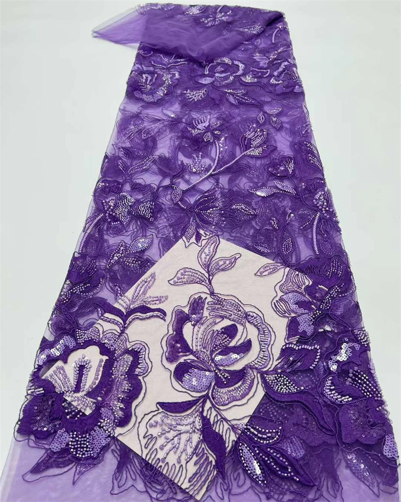 

Luxury African Fabric Lace 5 Yards 3D Lace High Quality 2026 Sequin French Beaded Lace Fabrics For Wedding Dress Sewing