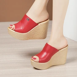 Women Wedges Slippers 2024 New Summer Fashion Open Toe Solid Color Shallow Sandals High Heels Platform Slippers Slides Women