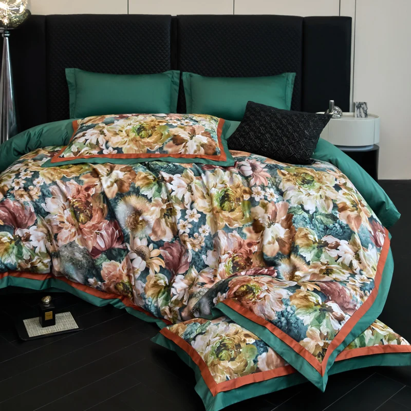 American Style Flowers Digital Printing Bedding Set Luxury Egyptian Cotton Quilt Cover Bed Sheet Pillowcases Home Textiles