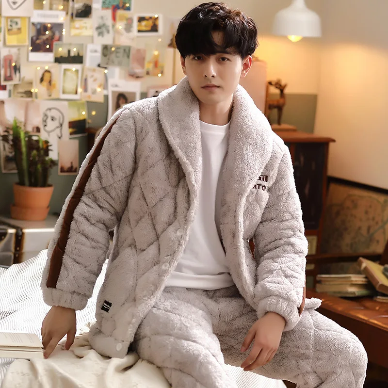 Winter Coral Fleece Cotton-Padded Pajamas Set Men Sleepwear Thickened Warm Flannel Nightwear Pijamas Suit Loose Casual Homewear