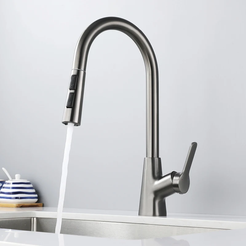 

Deck Mounted One Hole Pull Out Sink Faucet Three Modes Rotatable 360° Sink Faucet 1 Handle Kitchen Hot and Cold Mixer Tap Gray
