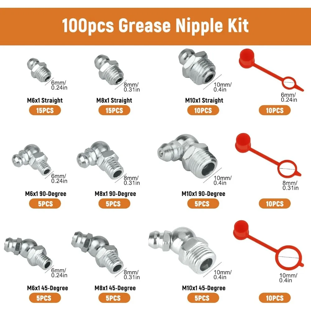 100Pcs Grease Nipples Hydraulic Grease Fittings M6 M8 M10 with Straight 45° 90° 180 Degree Angled Galvanized Greases Fittings