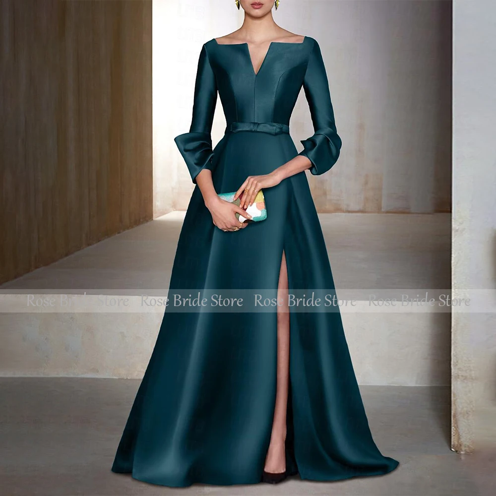 Emerald Green Satin Formal Dresses for Women 3/4 Sleeves A Line Elegant Evening Gowns Long Side Split V Neck Belt Evening Dress