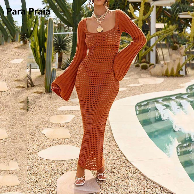 Para Praia lange mouw vierkante hals uitgehold gebreide tuniek strand cover-up dames losse trui cover-ups jurken