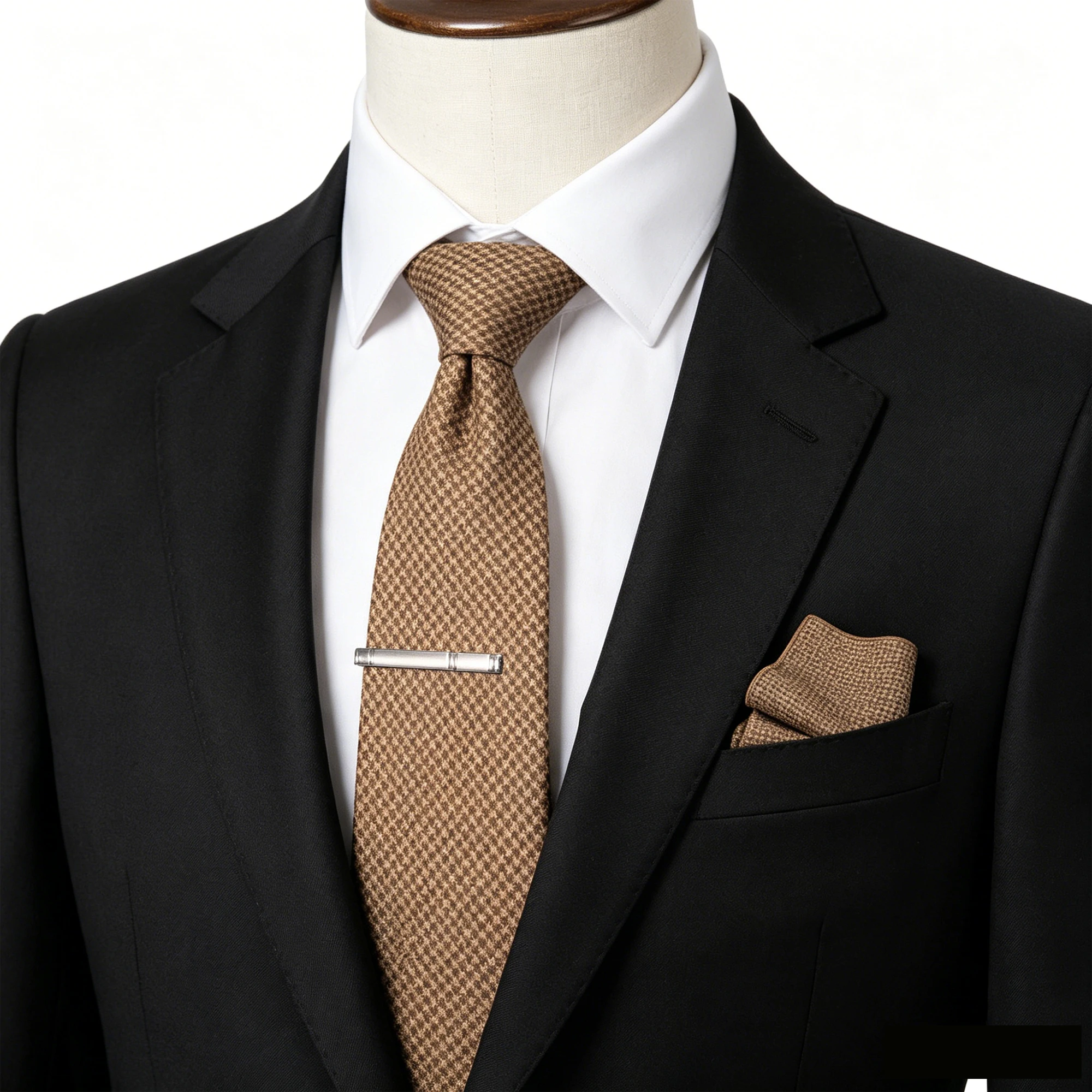 Klassische Wollkrawatte für Herren, braun-grau, gestreift, kariert, einfarbig, Kaschmir-Krawatte, Einstecktuch-Set, Hochzeitsaccessoire, Geschenk – Detail 19