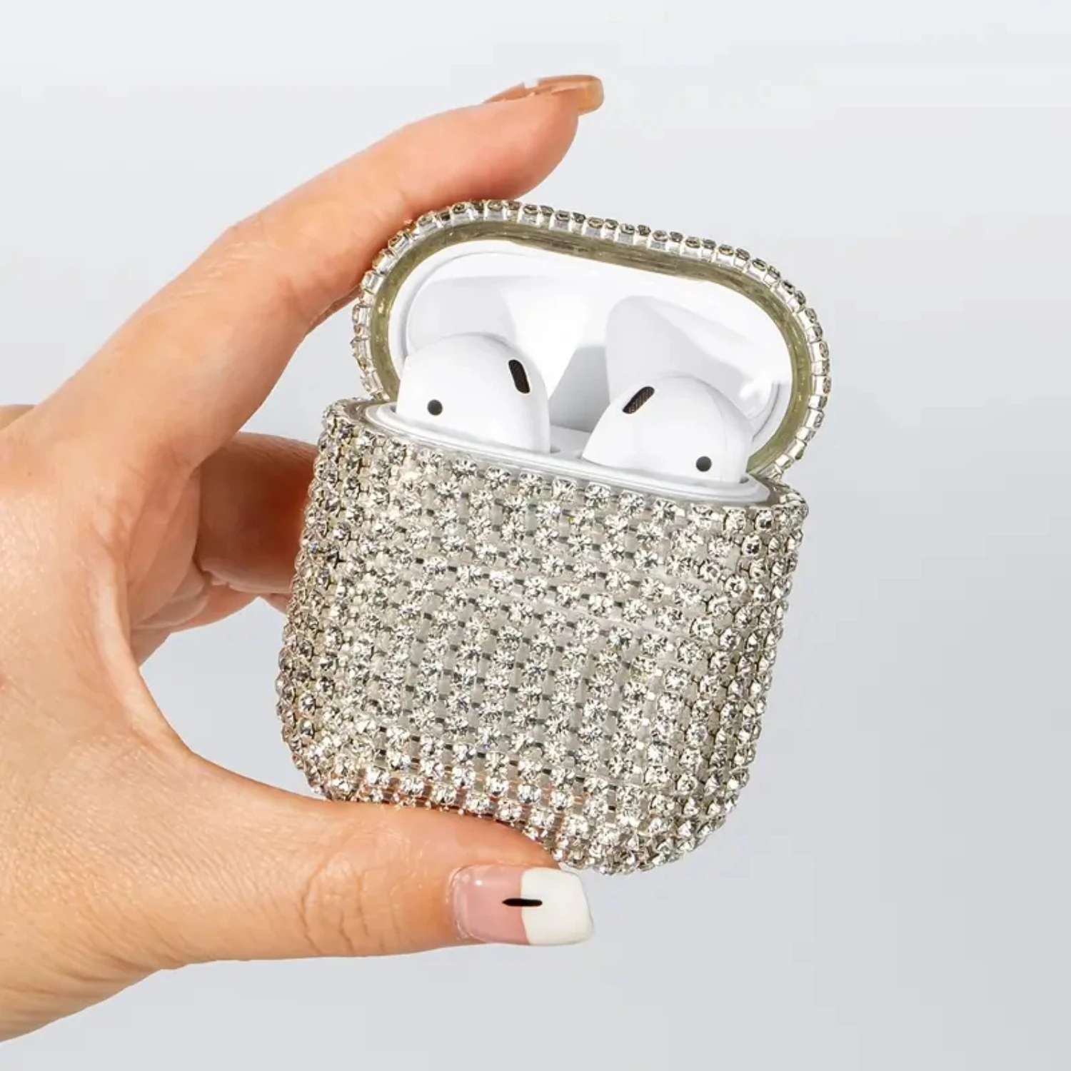 

For Airpods 2 Luxury White Rhinestone Earphone Case With Diamond Stick One-piece Design, Easy To Install, Rhinestone Inlaid, Fas