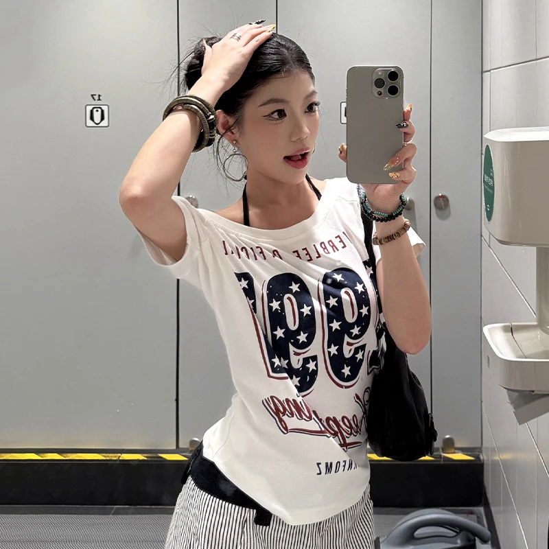 Fashion T-shirt Oblique Shoulder Irregular Retro Tops Sexy Off-Shoulder Short-Sleeved T-Shirt Summer Basic Tees For Women