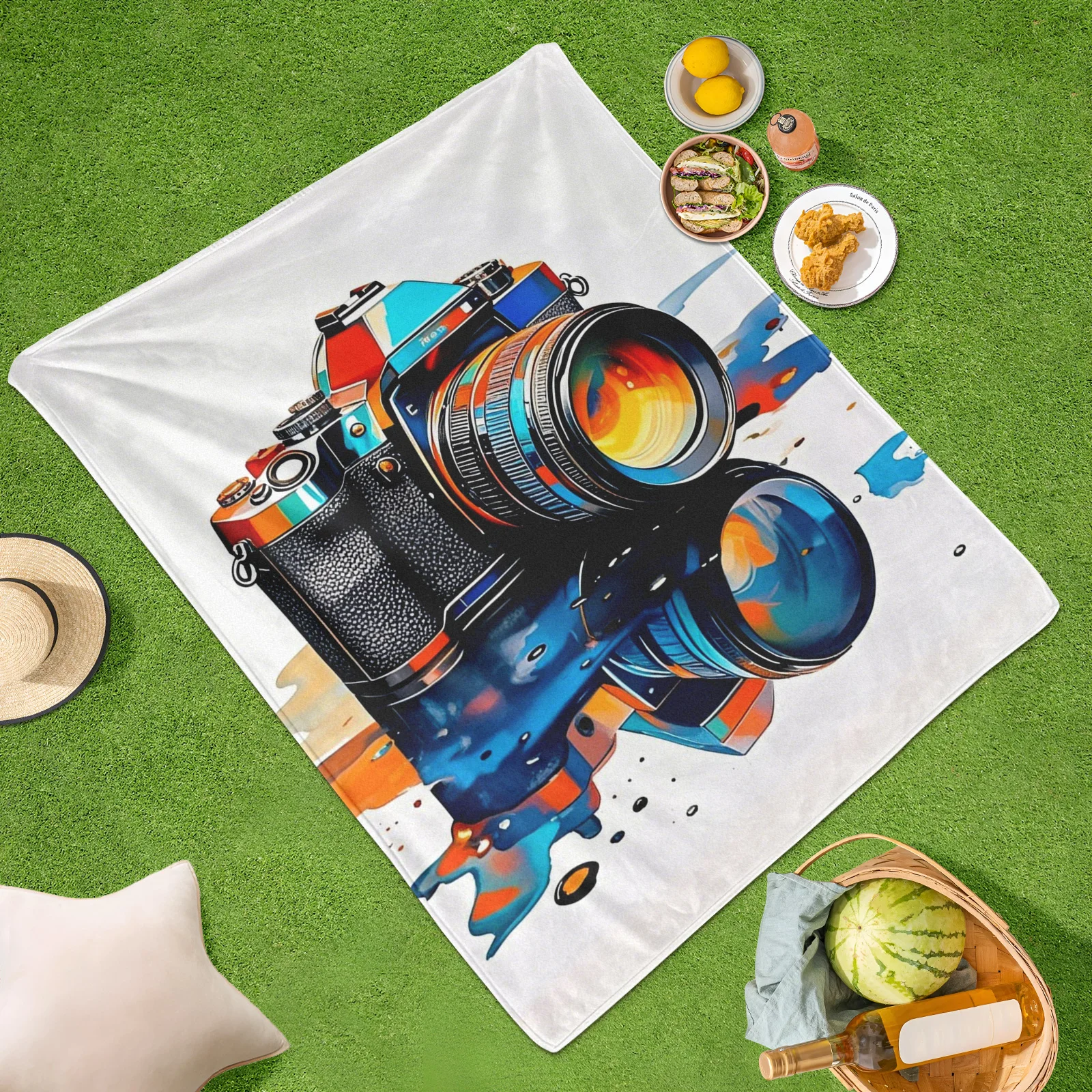 カラフルなカメラとインクウォッシュ反射クリエイティブ屋外ブランケット写真愛好家のギフト用