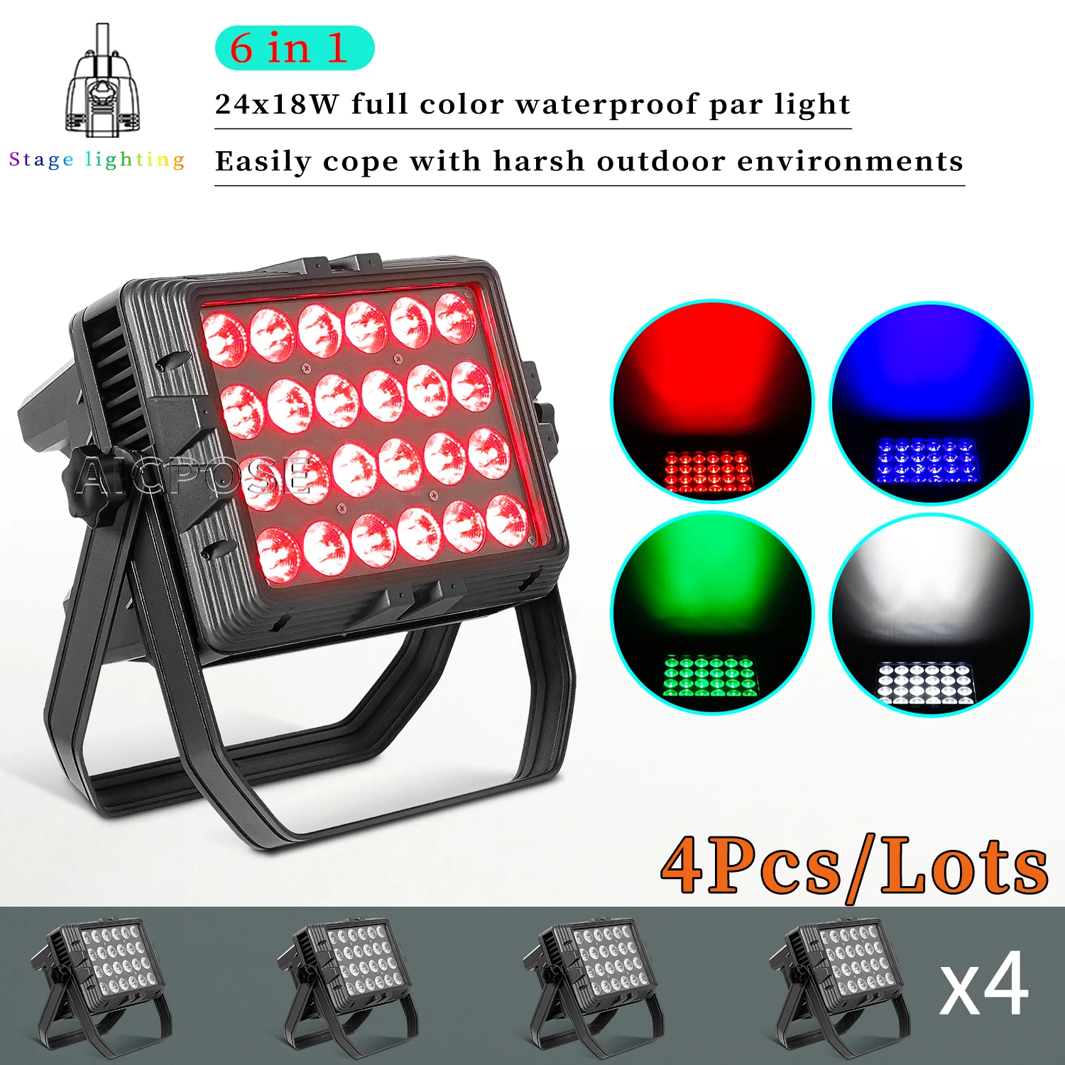 

4Pcs/Lots Outdoor Waterproof Stage Light 24x18W RGBWA UV 6 in 1 LED Square Par Light DJ Disco Equipment Bar Dance Floor Lighting