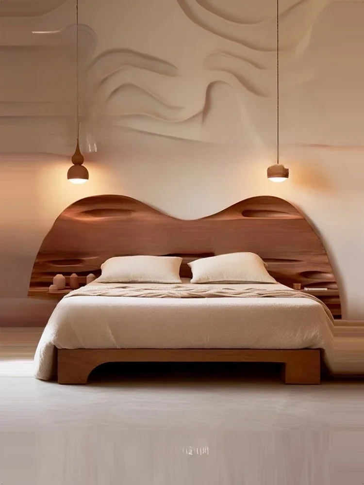 中世風シンプルで独創的な無垢材ダブルベッド 1.8m マスターベッドルームベッド