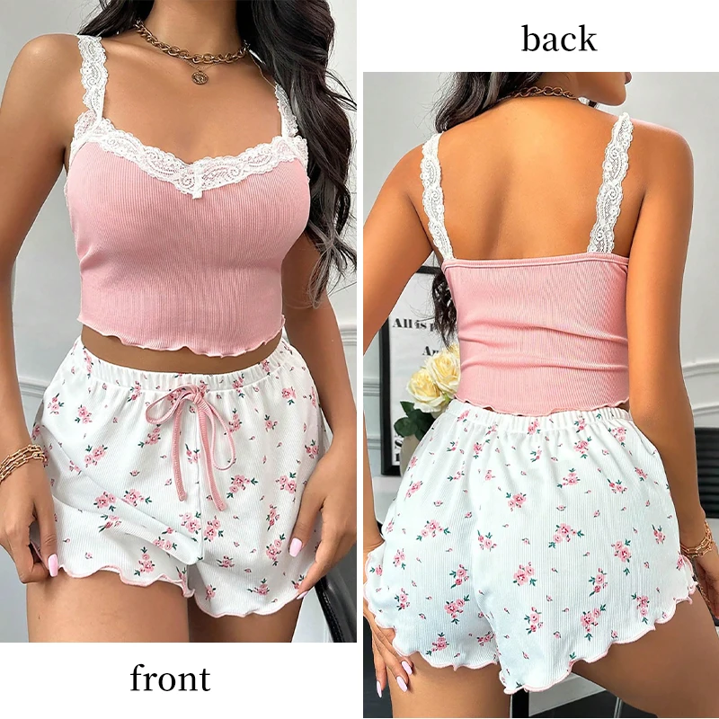 Women\'s Two-Piece Ribbed Knit Lace Patchwork Set With Lace Shoulder Strap Top And Cute Flower Shorts Pajamas