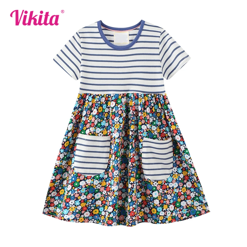 

VIKITA Children Summer Clothes Girls Floral Print Frocks with Pockets Kids Short Sleeve Cotton Casual Striped Straight Vestidos