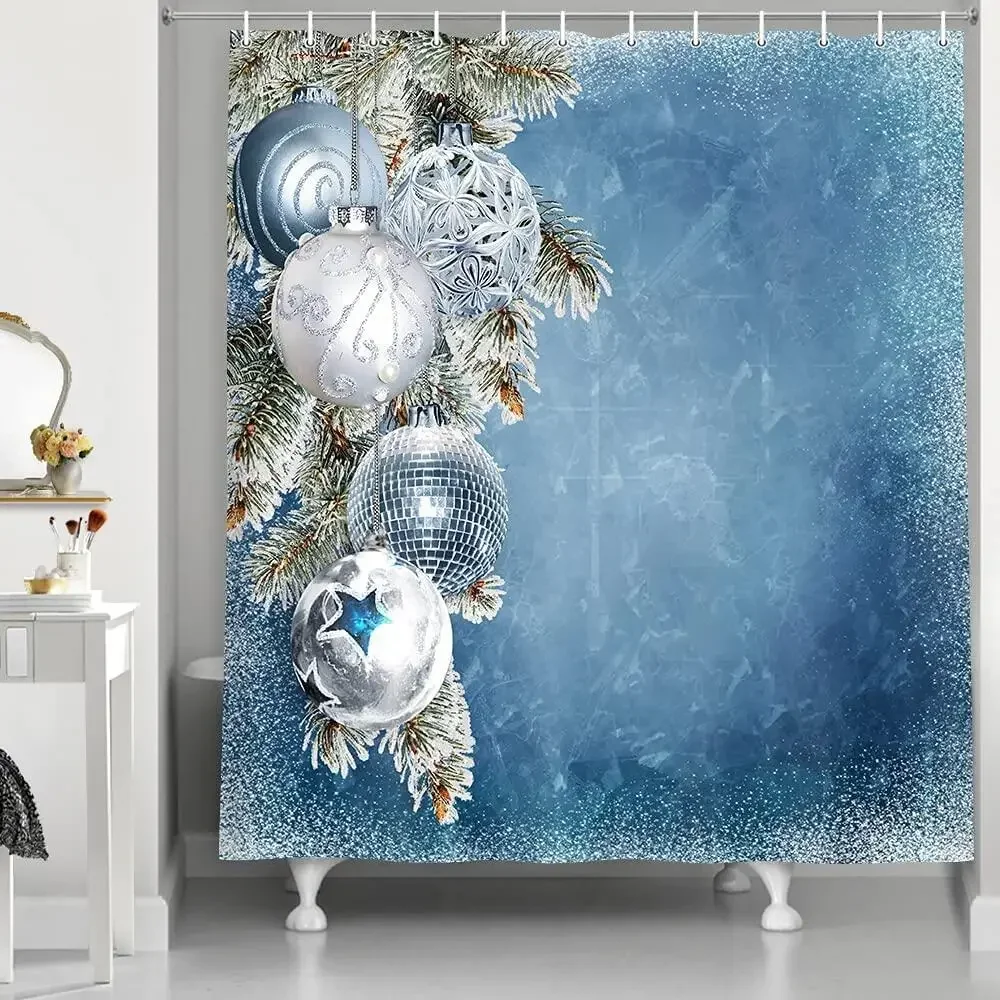 Merry Christmas Balls Shower Curtains Silvery and Blue Rope Balls Snowflakes Fashion Winter Polyester Xmas Curtain for Bathroom