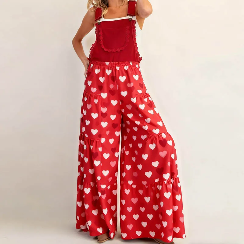 المرأة عيد الحب المرايل وزرة الحلو لطيف القلب المطبوعة أكمام الأشرطة قابل للتعديل واسعة الساق السراويل بذلة فضفاضة