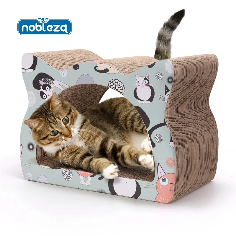 Nobleza Rascador de Cartón para Gatos con Forma de Gato - Estructura 2 Capas, Superficie de Descanso, Incluye Catnip - Protege Muebles, Ideal para Afilar Uñas y Entretenimiento Diario (39x29x22 cm)