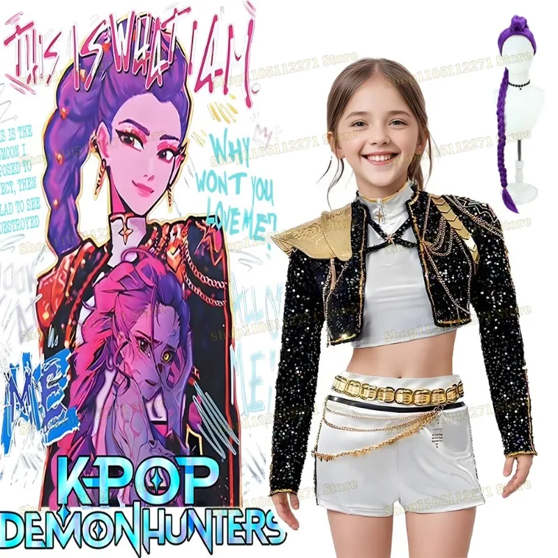 

Huntrix Cosplay K-Pop Rumi Mira Zoey Demon Hunters Sequined Coat clothing Black Outfit Group Uniform Halloween Costume