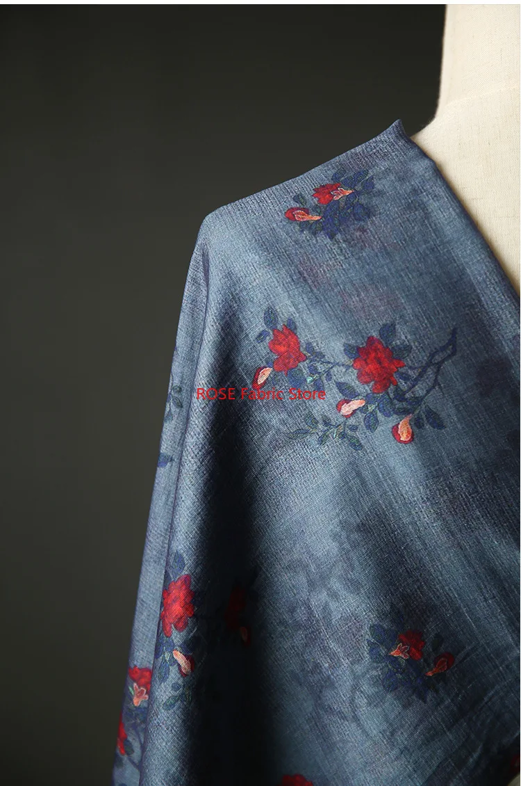 1 Meter Soft Thin Floral Printed Linen Fabric Summer Dress Hanfu Shirt Handmade Sewing Fabric