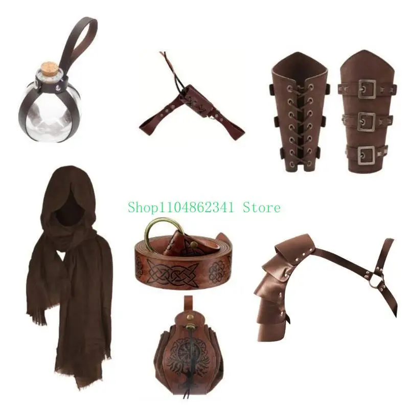

5asd Medieval Leather Belt with Shoulder Guard Bracer Drawstring Waist Bag Leather Swords Holder for Men Halloween Cosplay