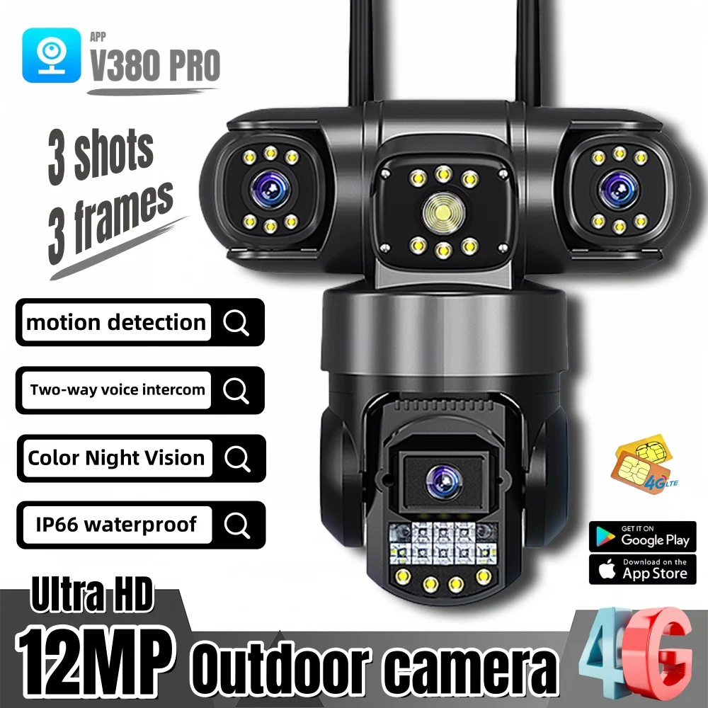 4G Sim Karte Kamera 12MP 6K Triple Objektiv Outdoor PTZ IP Kamera Nachtsicht Sicherheit Drahtlose