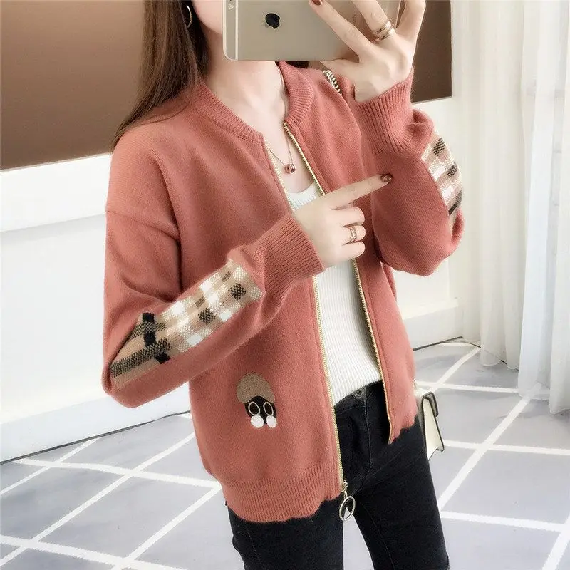 

Осень-зима, женский свитер с круглым вырезом и длинным рукавом на молнии, вязаный кардиган, пальто, повседневные элегантные топы контрастного цвета
