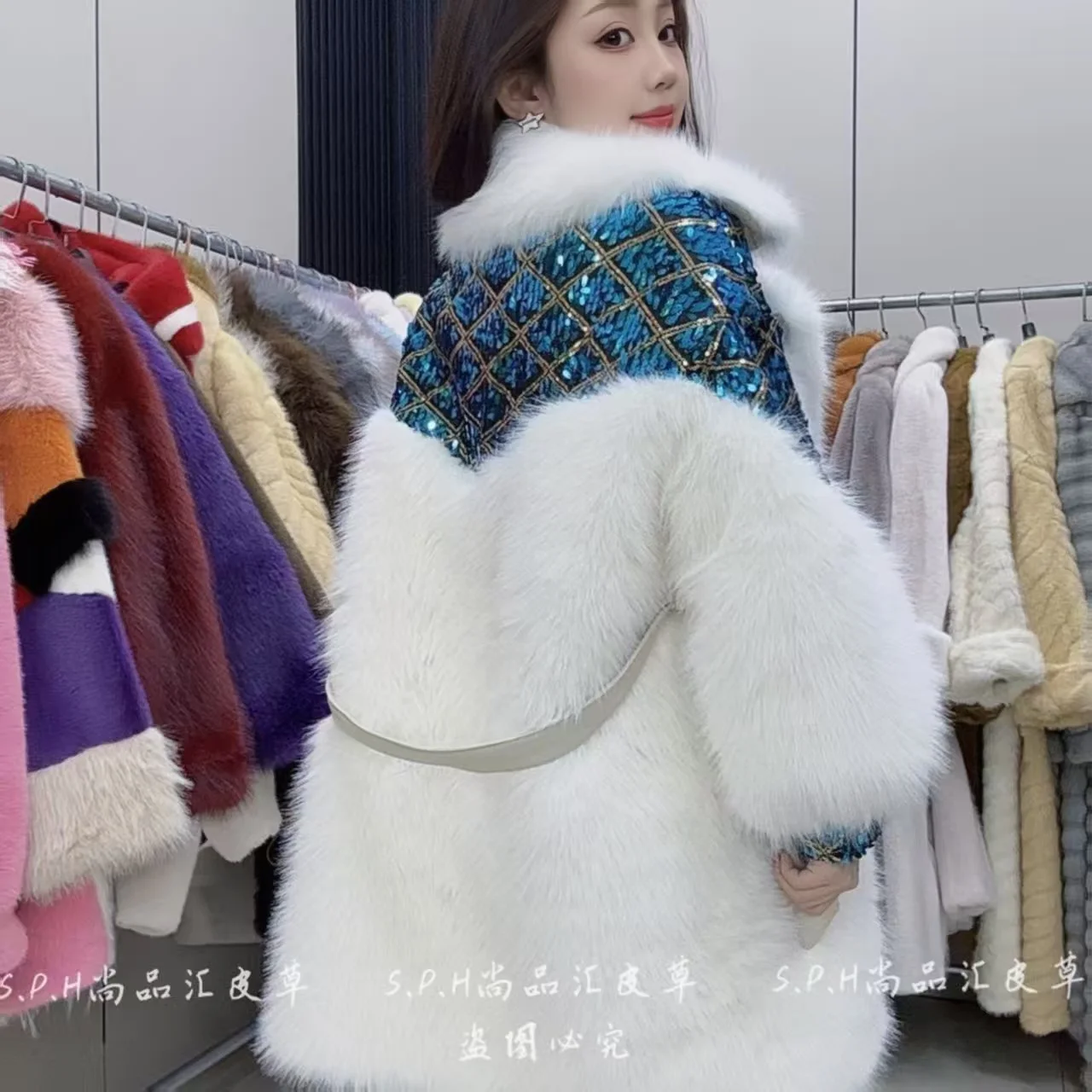 Faux Fox Fur Coats for Women,Adjustable Waist Jacket,Female Clothes,Sequins,Turn-down Collar,High Quality, New, Winter,2026