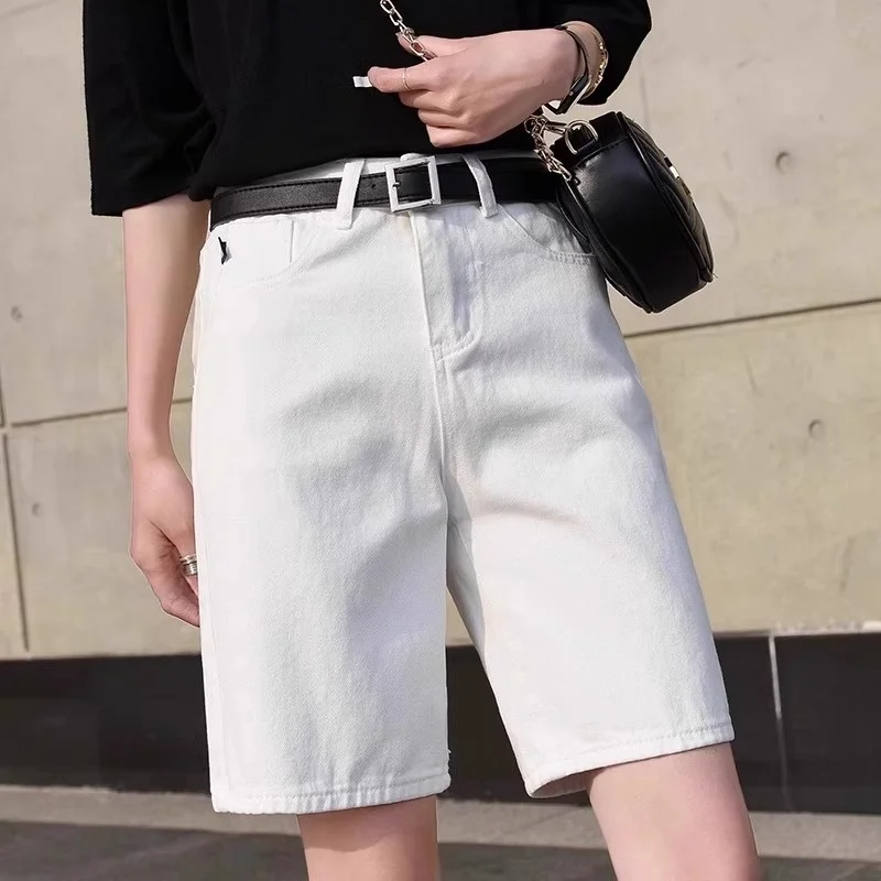 White High Waist Loose Fit Thin Denim orts Women's Summer Casual Straight Leg Five-Quarter Length for Pear aped Body