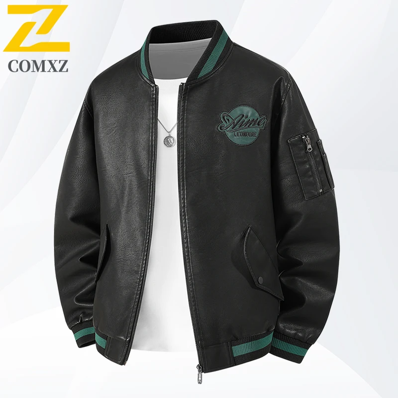 

2025 Men Leather Jacket Embroidered Trendy Versatile Windproof Baseball Collar PU Leather Jacket Outdoor Leisure Motorcycle Coat