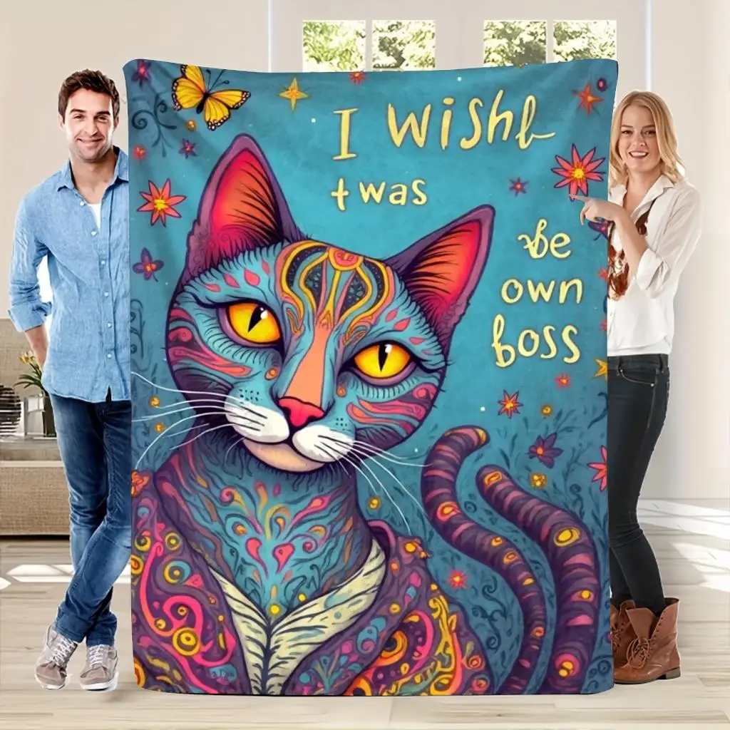 Large Aesthetic Cat Boss Blanket 150x200cm Throw Plush Decorative Giant Cozy Home Decor Gift for Sofa Bed