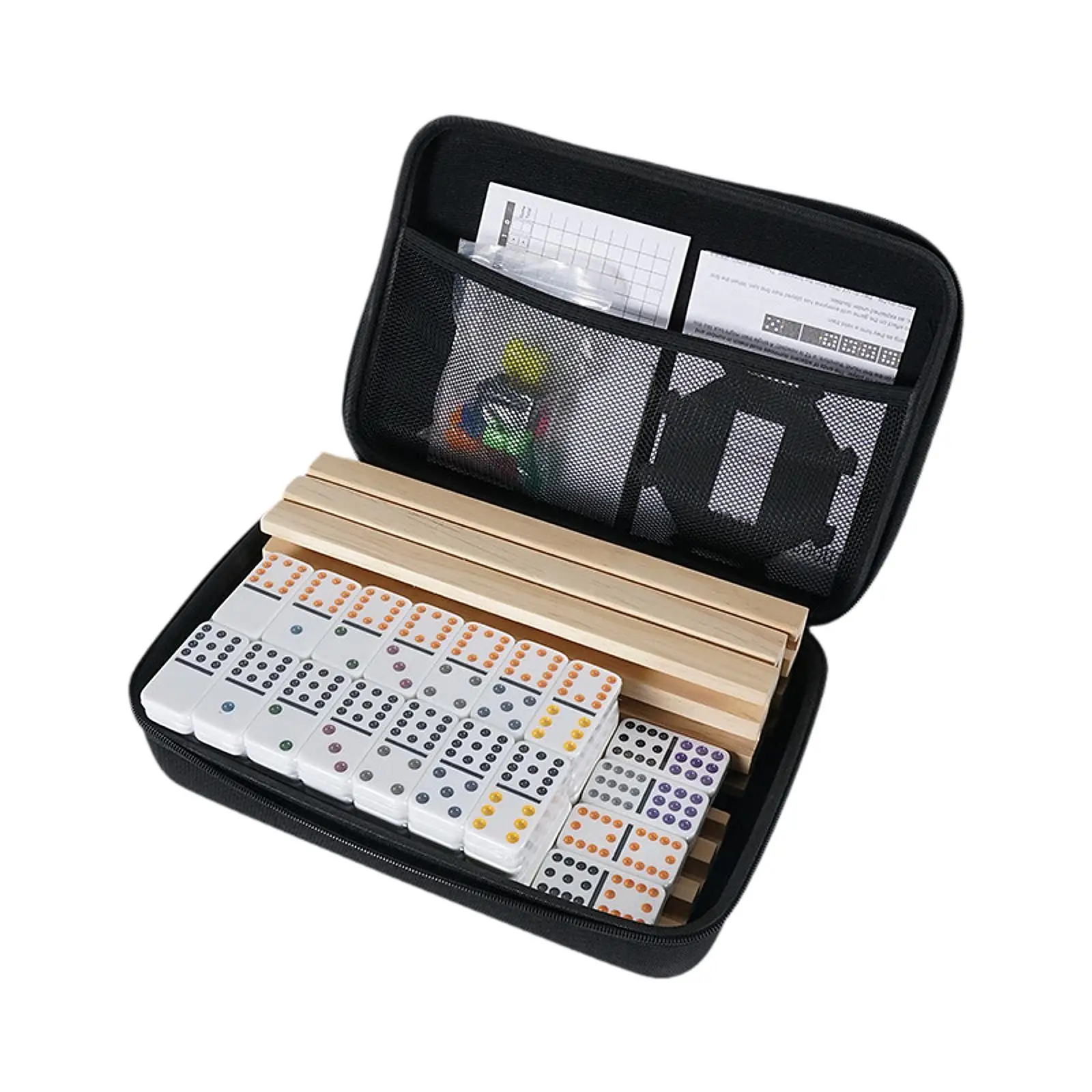 Dominos Set with 4 Wooden Racks with Portable Case Chain Reaction Logical Thinking Development Board Games for Children Kids