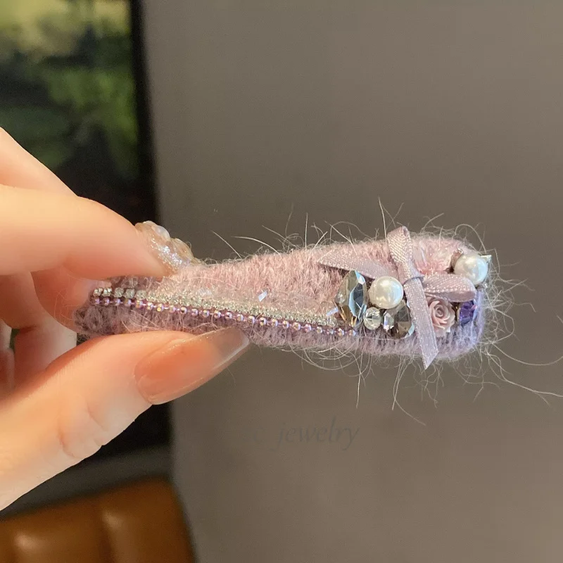 

Korean Crystal Purple Yarn Rose Bow Clip Sweet Temperament Girly Side Clip Forehead Bangs Broken Hair