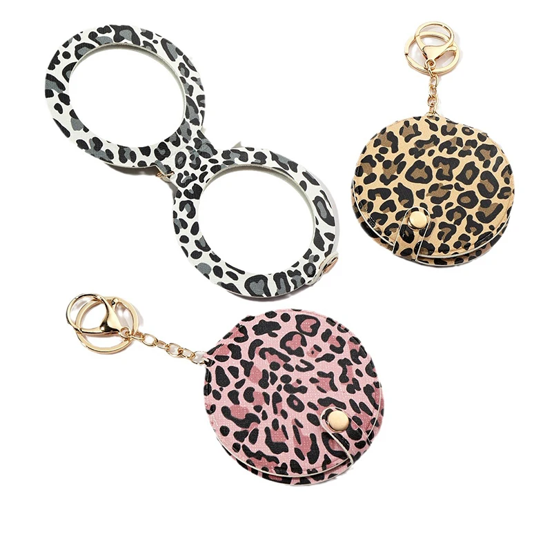 Leopard print makeup mirror keychain pendant with PU leather double-sided mirror Key Chains for bag decoration