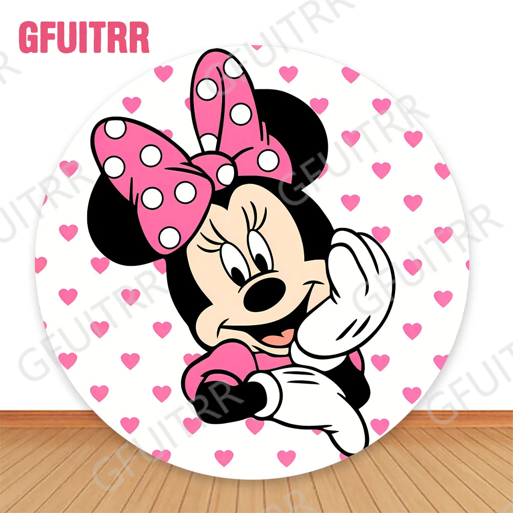 Disney Minnie Mouse Round Backdrop Girls Birthday Party Decor Pink Heart Circle and Cylinder Covers Baby Shower Photo Background