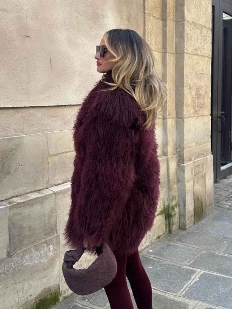 2024 New Fashion Wine Burgundy Furry Faux Fur Warm Women's Coats Thicken Fluffy Plush Loose Trendy Jacket Winter Lady Outerwear