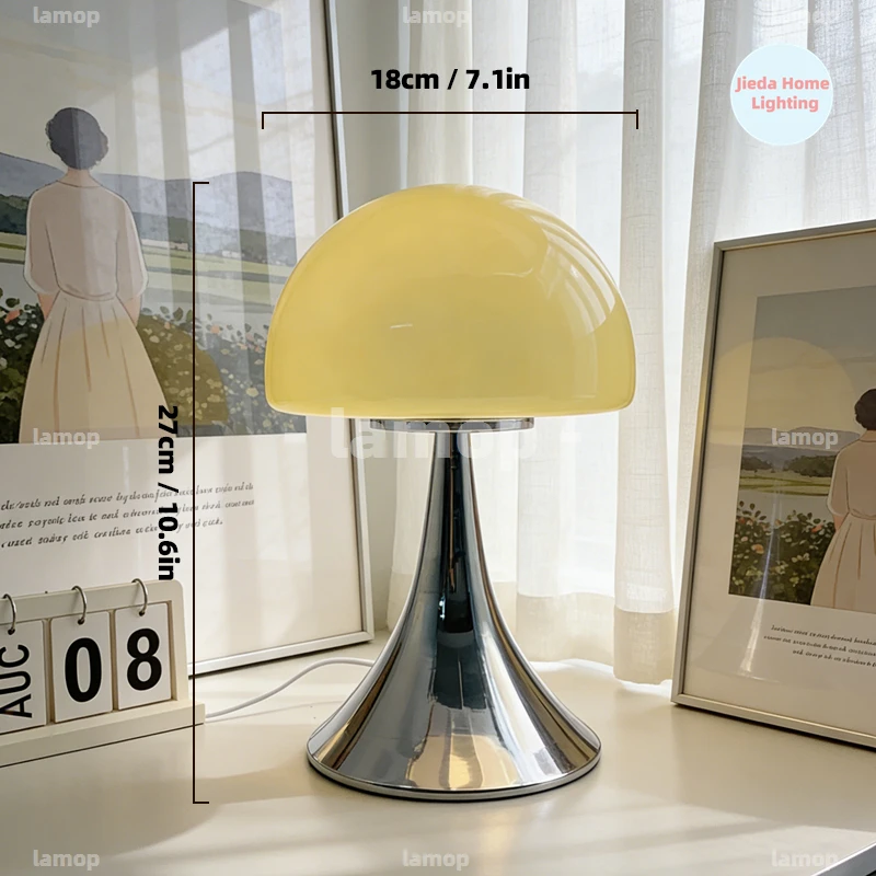 Murano Glass Dome Flare Half Dome Mushroom Table Lamp Polished Chrome Tapered Horn Base 3 Tone Soft Light Retro Collegiate