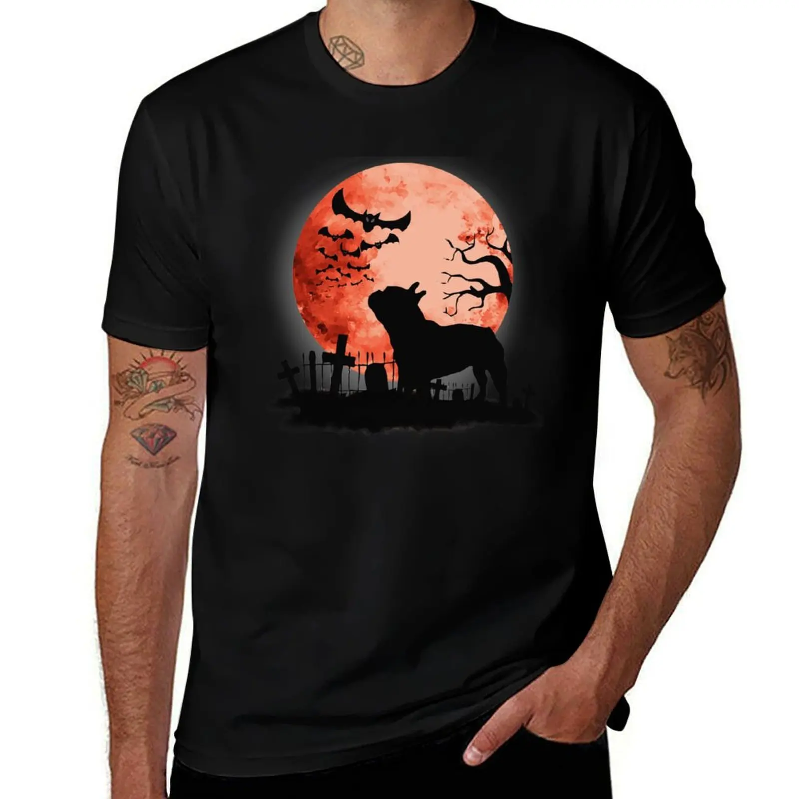 

French bulldog lovers, frenchie at blood moon, spooky, scary, cemetery T-Shirt cotton t shirts man 100% man tshirt
