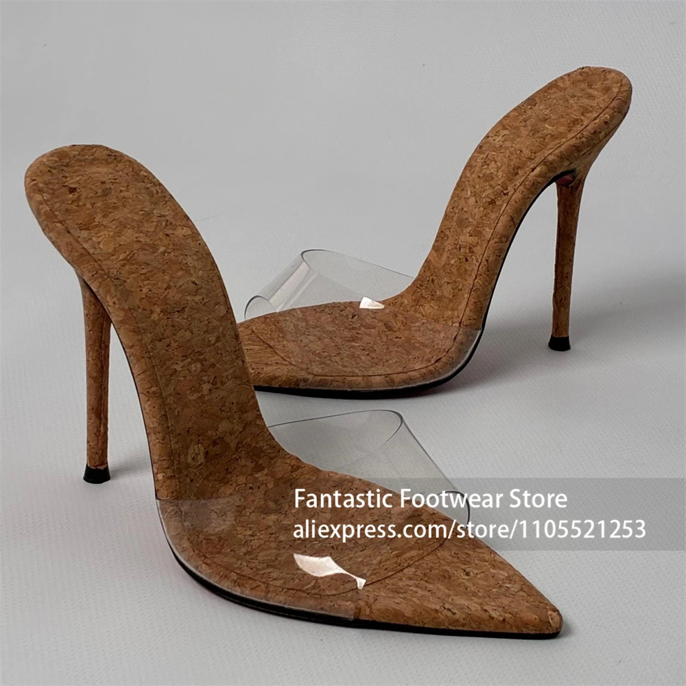 Backless Mule Construction Slipper Sharp Pointed Open Toe Clear Stiletto Heel Mule Natural Cork Brown Vacation Getaway for Women