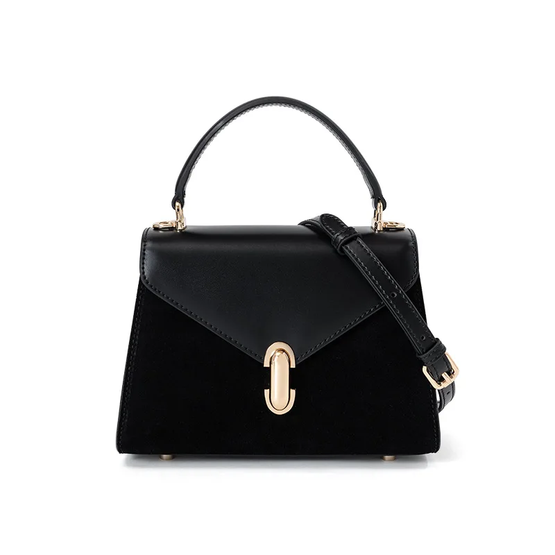 

split leather splice suede handbag 2025 new niche design vintage high-end fashion women one-shoulder crossbody small square bag