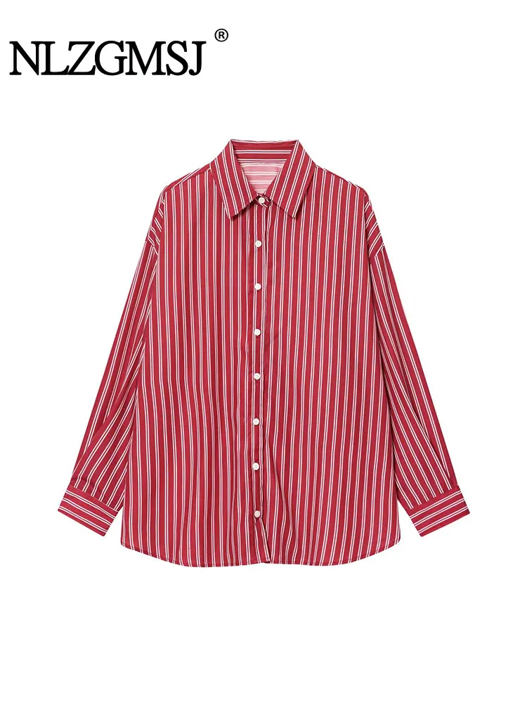 

NLZGMSJ полосатая женская свободная блузка с принтом, осень 202, однобортная повседневная рубашка с длинным рукавом, женский офисный топ Y2K