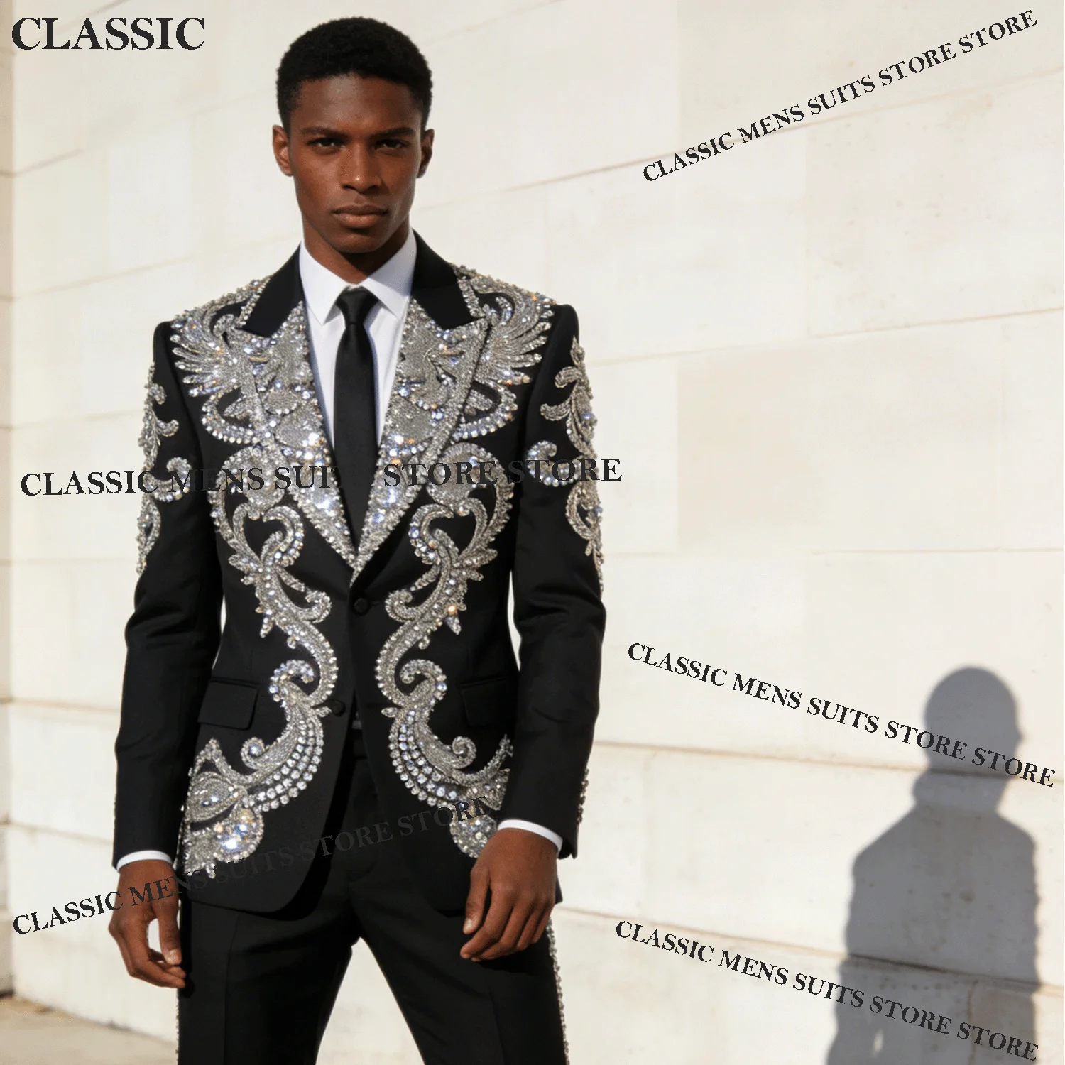 

Glitter Customized Tuxedos Men Suits Diamond Decoration Peaked Lapel Groom 2 Pieces Set Fashion Wedding Male Prom Blazers suit