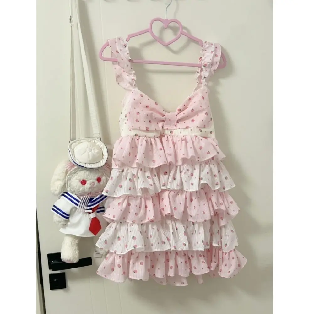 Vestido Vintage ajustado Kawaii con cuello Halter para mujer, vestido veraniego con estampado de fresa y subcultura japonesa, vestidos de pastel dulce Harajuku Y2k