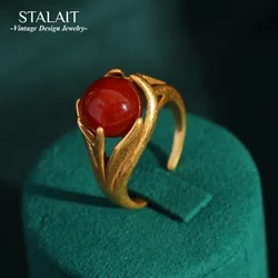 Vintage Rings Red Natural Stones for Woman Round Shape Luxury Antique Copper Hand Finger Jewelry Girls Fashion Items 2024 New In