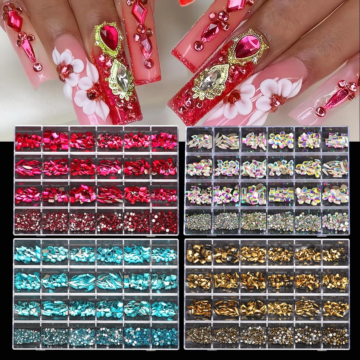 1 Box of Multi -Shaped 3D Nail Diamond Kits -24 AB Crystal Gem Grids, Flat -Bottom Nail Art Accessories Multi -Style Nail Suppli