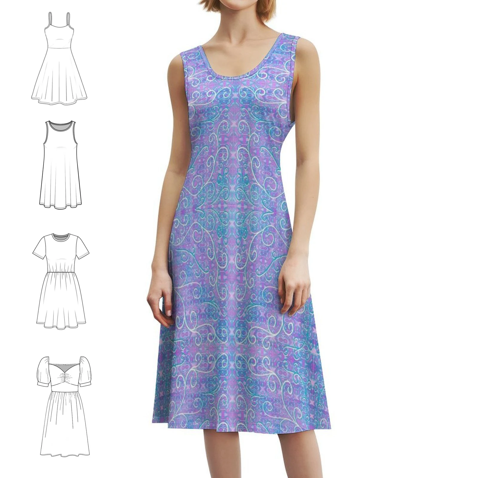 

Платье в корейском стиле с узором Flutter Blues для женщин. Элегантное повседневное платье для вечеринки или повседневного ношения. Синий и фиолетовый. Фиолетовый.