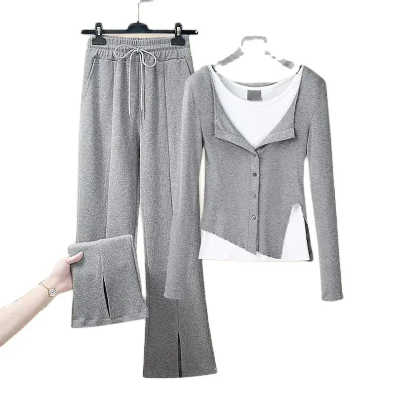 Spring Autumn Sporty Casual Wear Suit Women 2024 New Fashion Loose Tops Pants Two-Piece Suit Pure Colour Grey Black Female